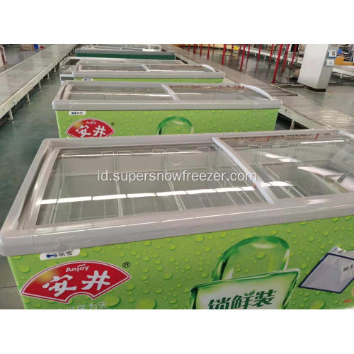 Glass top chest freezer untuk ikan dan makanan laut